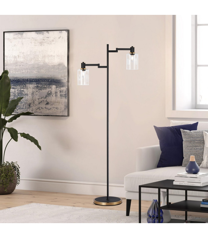 Worcester Swing Arm Floor Lamp 2 Light E14 Brass/Satin Black/Clear Uniform Dimple Cylinder Glass-4