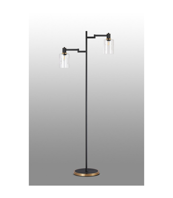 Worcester Swing Arm Floor Lamp 2 Light E14 Brass/Satin Black/Clear Uniform Dimple Cylinder Glass-10