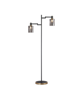 Worcester Swing Arm Floor Lamp 2 Light E14 Brass/Satin Black/Smoke Uniform Dimple Cylinder Glass-1