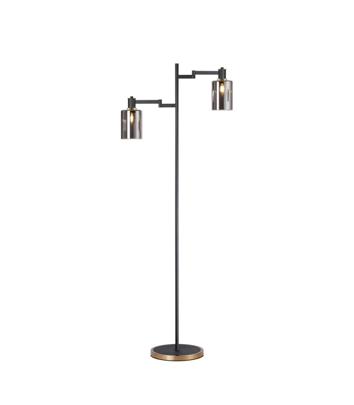 Worcester Swing Arm Floor Lamp 2 Light E14 Brass/Satin Black/Smoke Uniform Dimple Cylinder Glass-1