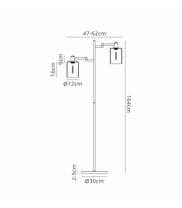 Worcester Swing Arm Floor Lamp 2 Light E14 Brass/Satin Black/Smoke Uniform Dimple Cylinder Glass-2