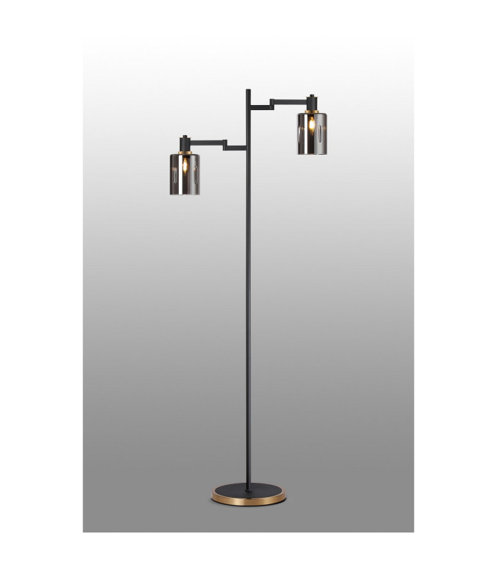 Worcester Swing Arm Floor Lamp 2 Light E14 Brass/Satin Black/Smoke Uniform Dimple Cylinder Glass-3