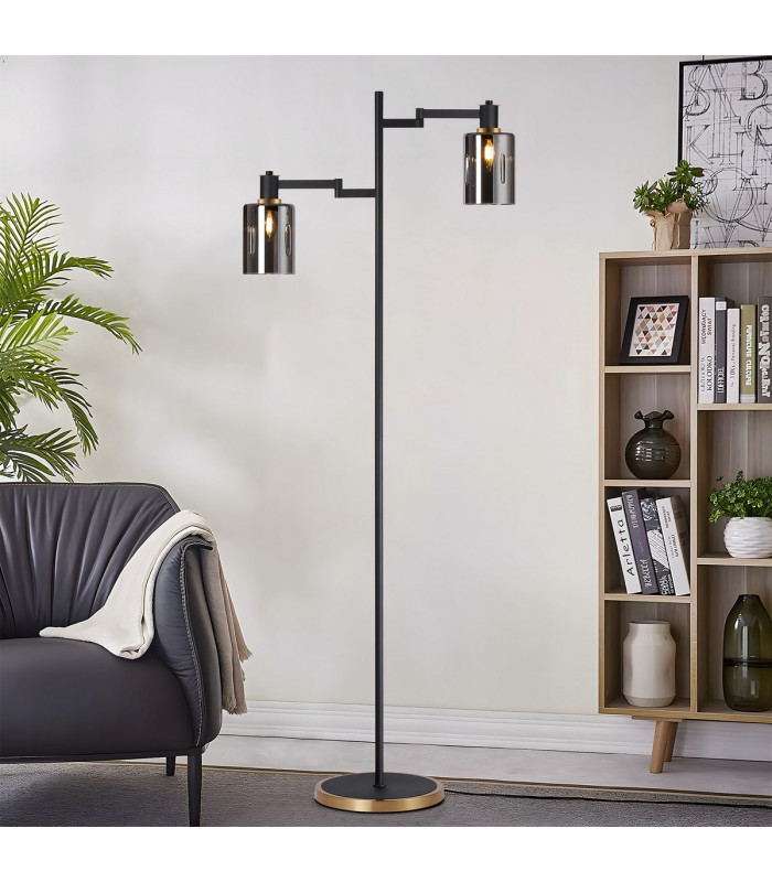 Worcester Swing Arm Floor Lamp 2 Light E14 Brass/Satin Black/Smoke Uniform Dimple Cylinder Glass-4
