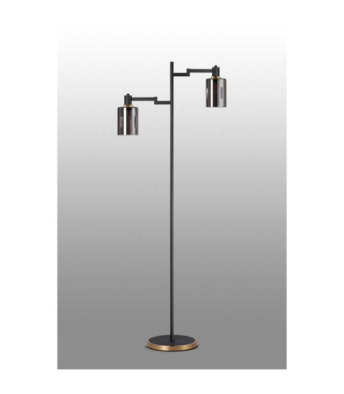 Worcester Swing Arm Floor Lamp 2 Light E14 Brass/Satin Black/Smoke Uniform Dimple Cylinder Glass-10