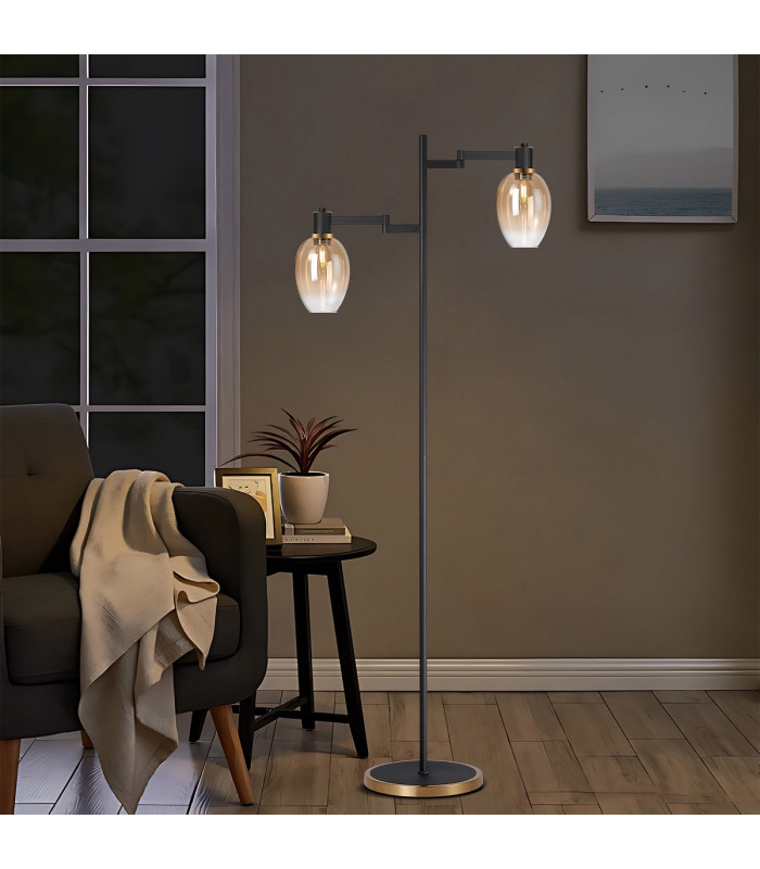 Worcester Swing Arm Floor Lamp 2 Light E14 Brass/Satin Black/Amber Fade Wine Glass Glass-4