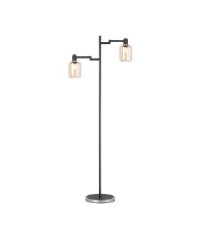 Worcester Swing Arm Floor Lamp 2 Light E14 Satin Nickel/Satin Black/Amber Striped Cylinder Glass-1