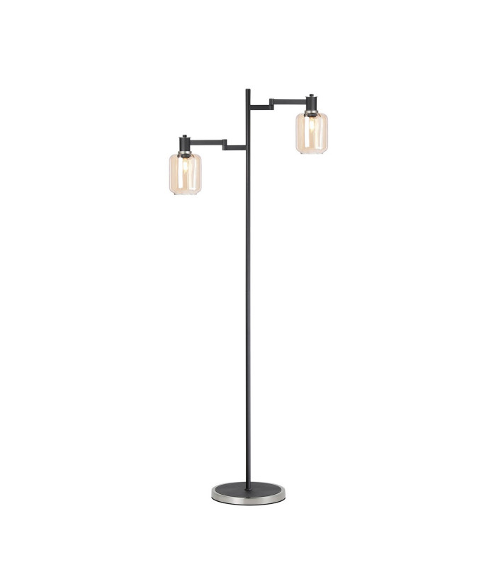 Worcester Swing Arm Floor Lamp 2 Light E14 Satin Nickel/Satin Black/Amber Striped Cylinder Glass-1