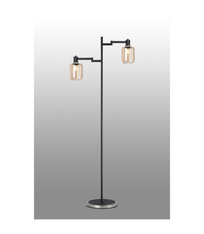 Worcester Swing Arm Floor Lamp 2 Light E14 Satin Nickel/Satin Black/Amber Striped Cylinder Glass-3