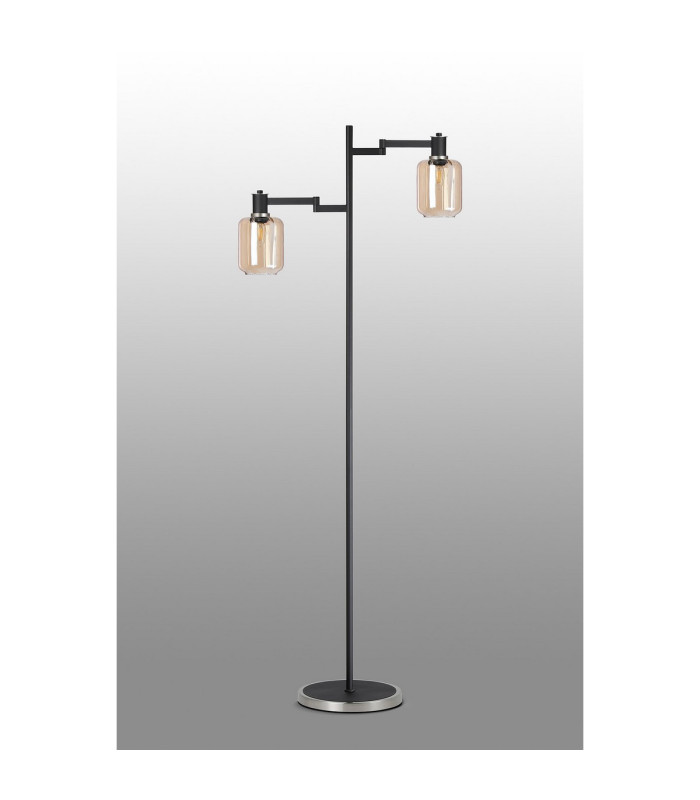 Worcester Swing Arm Floor Lamp 2 Light E14 Satin Nickel/Satin Black/Amber Striped Cylinder Glass-9