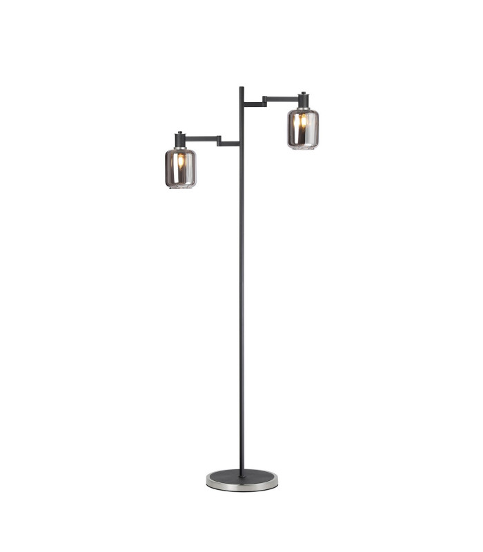 Worcester Swing Arm Floor Lamp 2 Light E14 Satin Nickel/Satin Black/Smoke Striped Cylinder Glass-1