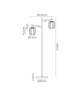 Worcester Swing Arm Floor Lamp 2 Light E14 Satin Nickel/Satin Black/Smoke Striped Cylinder Glass-2