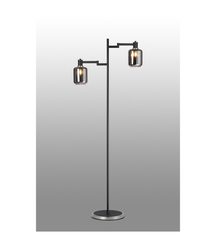 Worcester Swing Arm Floor Lamp 2 Light E14 Satin Nickel/Satin Black/Smoke Striped Cylinder Glass-3