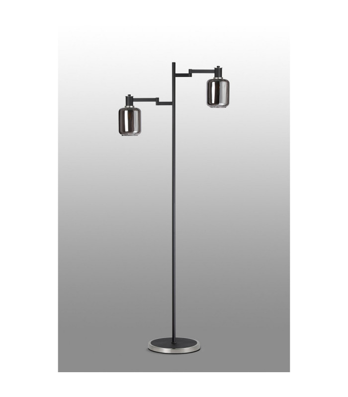 Worcester Swing Arm Floor Lamp 2 Light E14 Satin Nickel/Satin Black/Smoke Striped Cylinder Glass-9