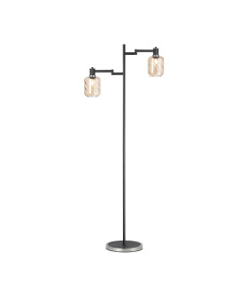 Worcester Swing Arm Floor Lamp 2 Light E14 Satin Nickel/Satin Black/Amber Twisted Cylinder Glass-1