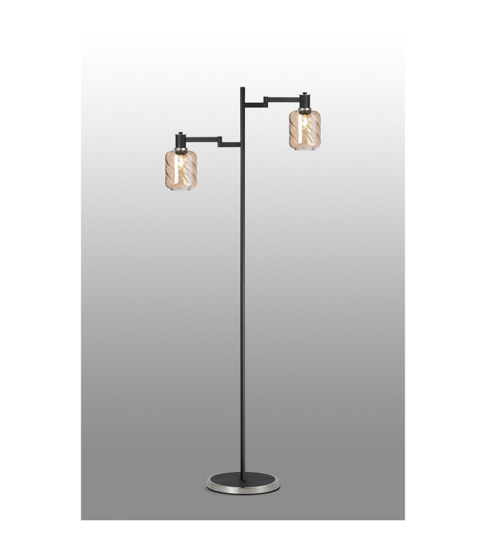 Worcester Swing Arm Floor Lamp 2 Light E14 Satin Nickel/Satin Black/Amber Twisted Cylinder Glass-3