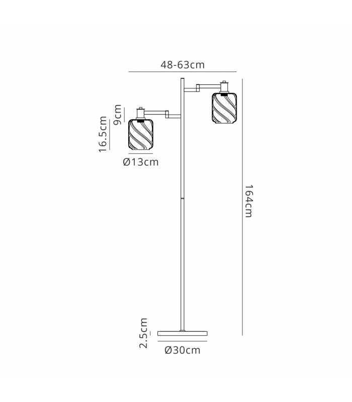 Worcester Swing Arm Floor Lamp 2 Light E14 Satin Nickel/Satin Black/Clear Twisted Cylinder Glass-2