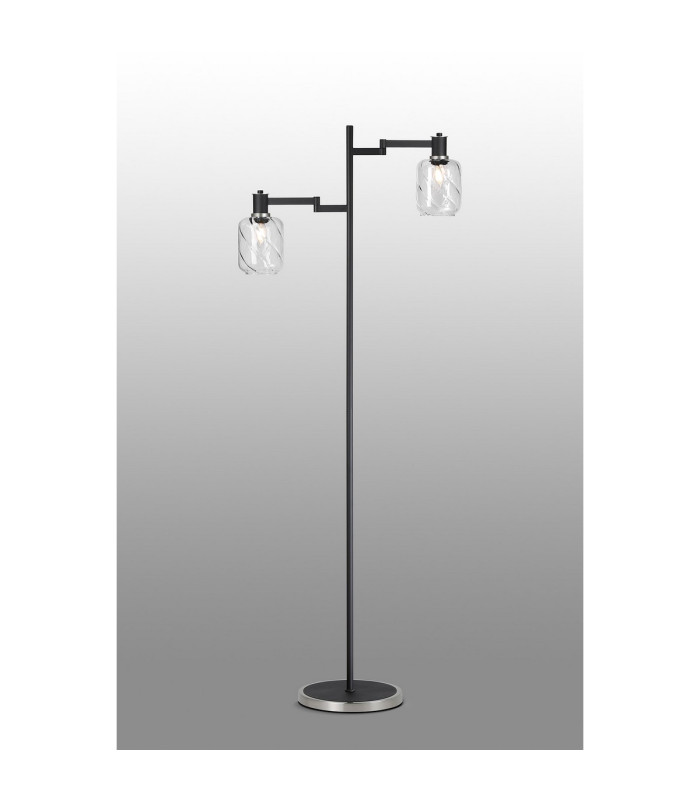 Worcester Swing Arm Floor Lamp 2 Light E14 Satin Nickel/Satin Black/Clear Twisted Cylinder Glass-3