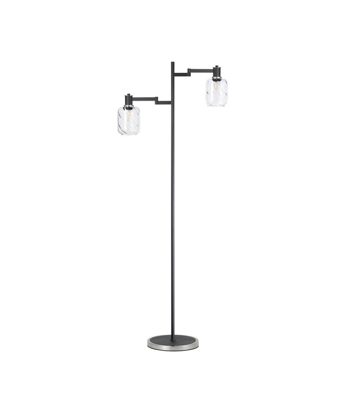 Worcester Swing Arm Floor Lamp 2 Light E14 Satin Nickel/Satin Black/Clear Twisted Cylinder Glass-4