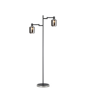 Worcester Swing Arm Floor Lamp 2 Light E14 Satin Nickel/Satin Black/Smoke Twisted Cylinder Glass-1