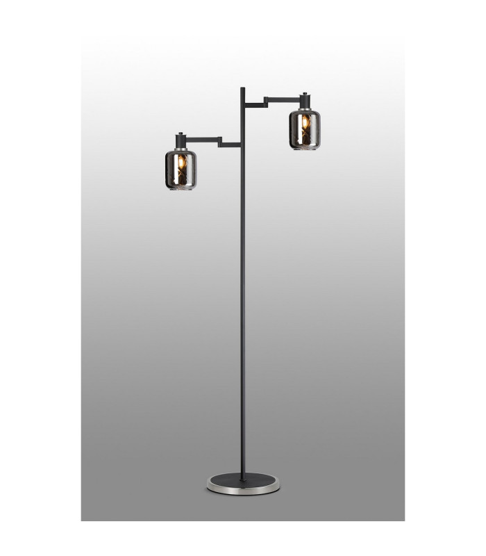 Worcester Swing Arm Floor Lamp 2 Light E14 Satin Nickel/Satin Black/Smoke Twisted Cylinder Glass-3