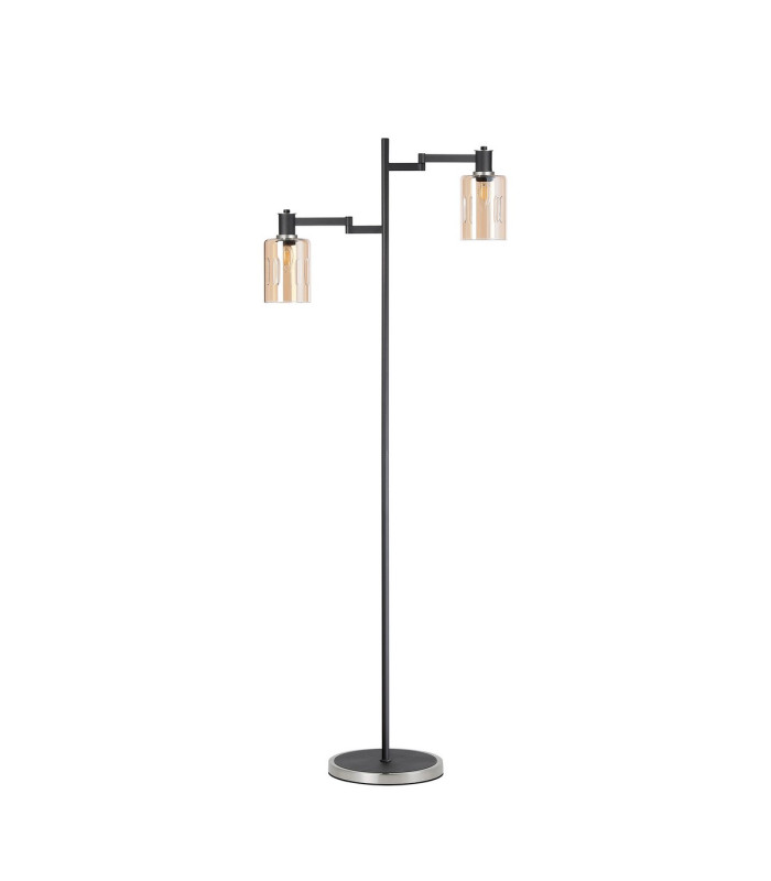 Worcester Swing Arm Floor Lamp 2 Light E14 Satin Nickel/Satin Black/Amber Uniform Dimple Cylinder Glass-4