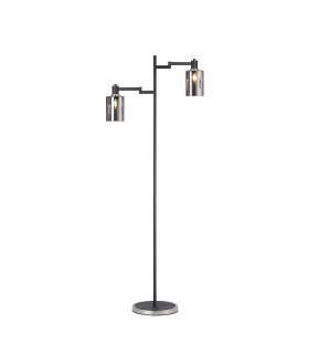 Worcester Swing Arm Floor Lamp 2 Light E14 Satin Nickel/Satin Black/Smoke Uniform Dimple Cylinder Glass-1