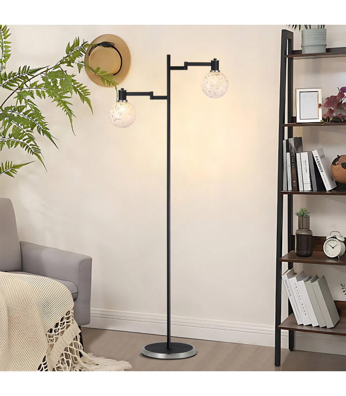 Worcester Swing Arm Floor Lamp 1 Light E14 Satin Nickel/Satin Black/White Round Speckled Glass-4