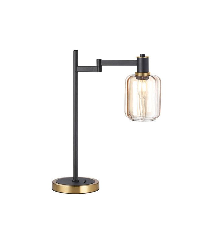 Worcester Swing Arm Table Lamp 1 Light E14 Brass/Satin Black/Amber Striped Cylinder Glass-1