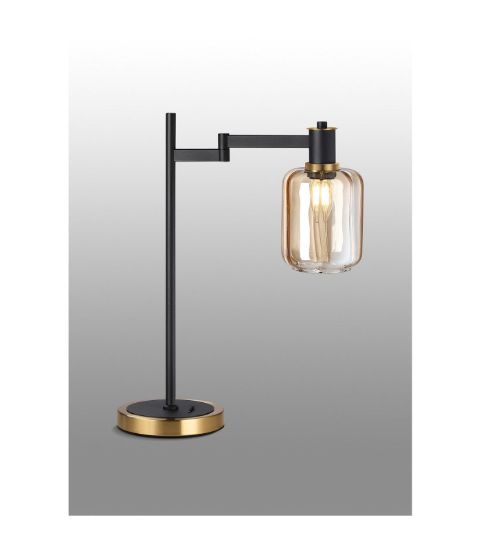 Worcester Swing Arm Table Lamp 1 Light E14 Brass/Satin Black/Amber Striped Cylinder Glass-3
