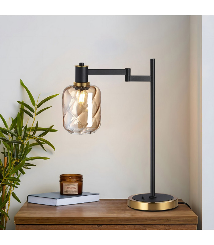 Worcester Swing Arm Table Lamp 1 Light E14 Brass/Satin Black/Amber Twisted Cylinder Glass-4