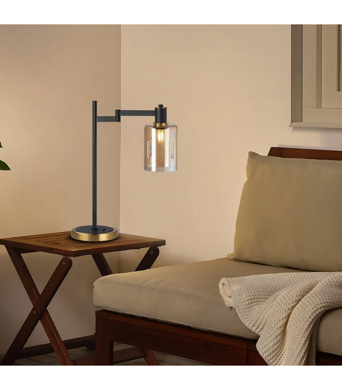 Worcester Swing Arm Table Lamp 1 Light E14 Brass/Satin Black/Amber Uniform Dimple Cylinder Glass-4