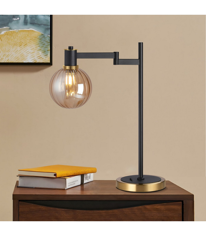 Worcester Swing Arm Table Lamp 1 Light E14 Brass/Satin Black/Amber Plated Round Segment Glass-4