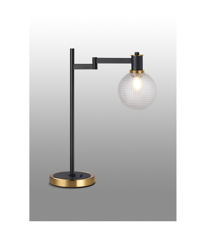Worcester Swing Arm Table Lamp 1 Light E14 Brass/Satin Black/Clear Round Textured Diamond Pattern Glass-3