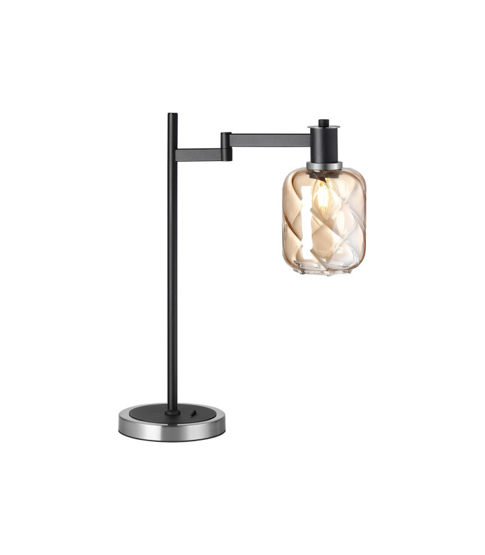 Worcester Swing Arm Table Lamp 1 Light E14 Satin Nickel/Satin Black/Amber Twisted Cylinder Glass-1