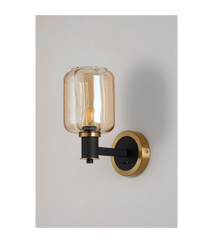 Worcester Wall Light 1 Light E14 Brass/Satin Black/Amber Striped Cylinder Glass-9