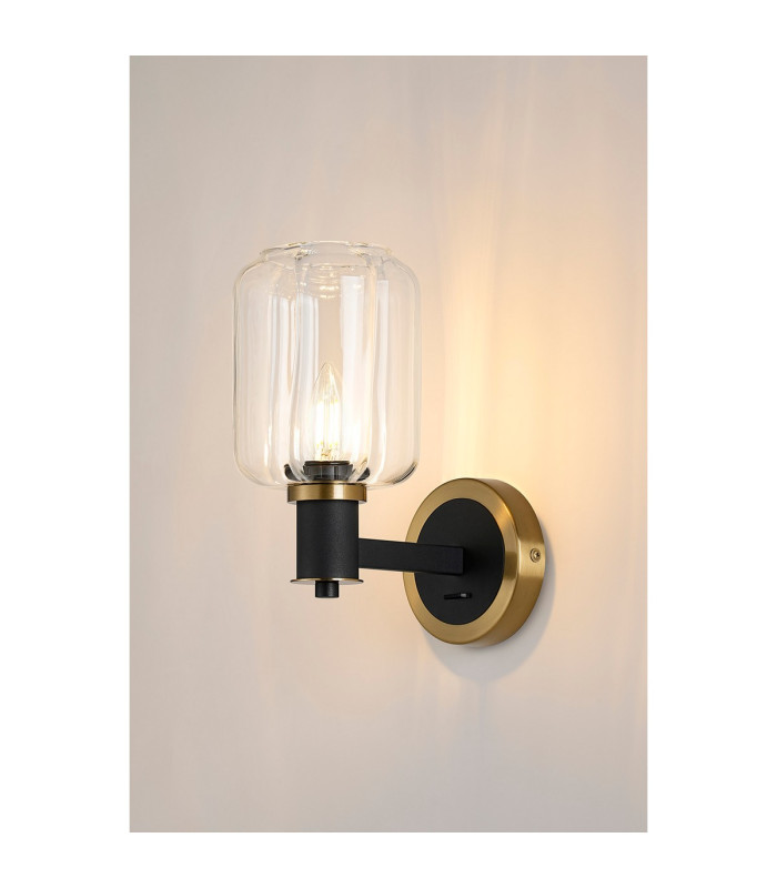 Worcester Wall Light 1 Light E14 Brass/Satin Black/Clear Striped Cylinder Glass-3