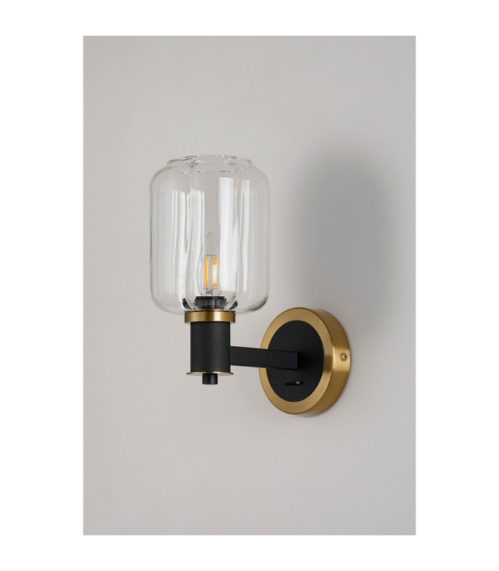 Worcester Wall Light 1 Light E14 Brass/Satin Black/Clear Striped Cylinder Glass-9