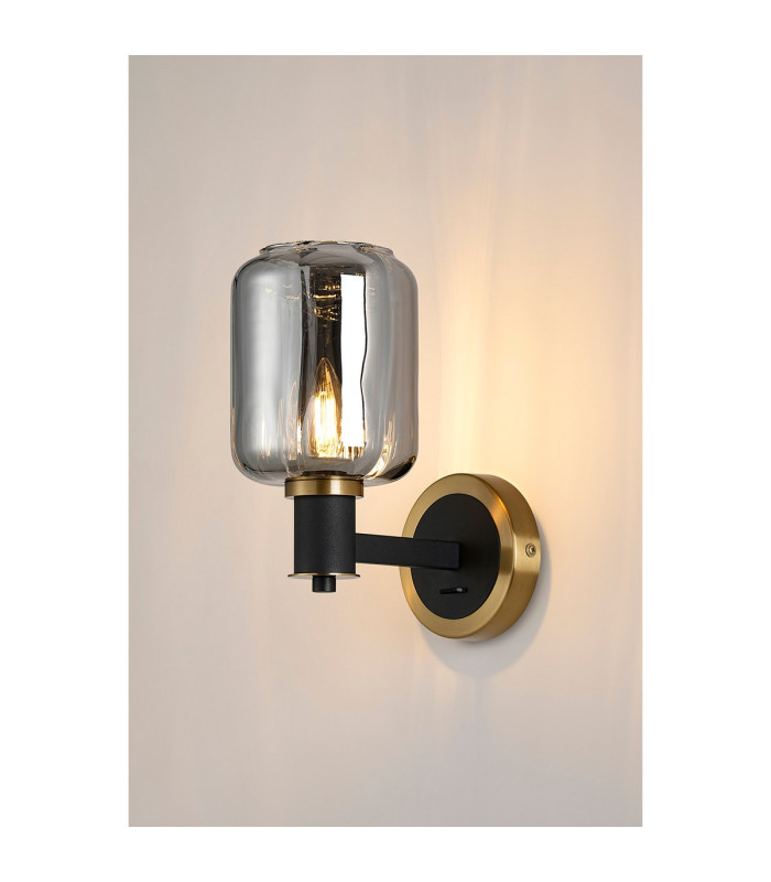 Worcester Wall Light 1 Light E14 Brass/Satin Black/Smoke Striped Cylinder Glass-3