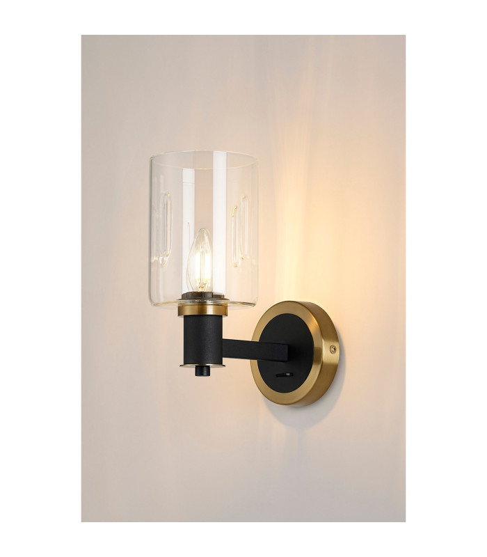 Worcester Wall Light 1 Light E14 Brass/Satin Black/Clear Uniform Dimple Cylinder Glass-3