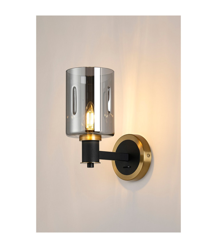 Worcester Wall Light 1 Light E14 Brass/Satin Black/Smoke Uniform Dimple Cylinder Glass-3