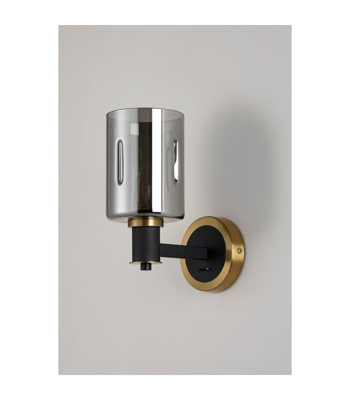 Worcester Wall Light 1 Light E14 Brass/Satin Black/Smoke Uniform Dimple Cylinder Glass-9