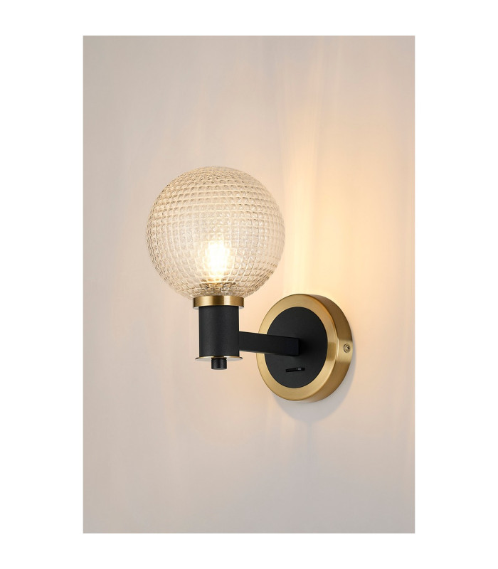 Worcester Wall Light 1 Light E14 Brass/Satin Black/Clear Round Textured Diamond Pattern Glass-3