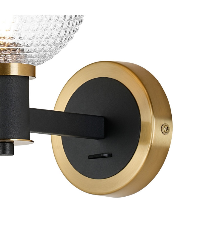 Worcester Wall Light 1 Light E14 Brass/Satin Black/Clear Round Textured Diamond Pattern Glass-7
