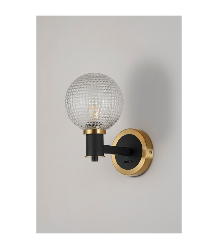 Worcester Wall Light 1 Light E14 Brass/Satin Black/Clear Round Textured Diamond Pattern Glass-9