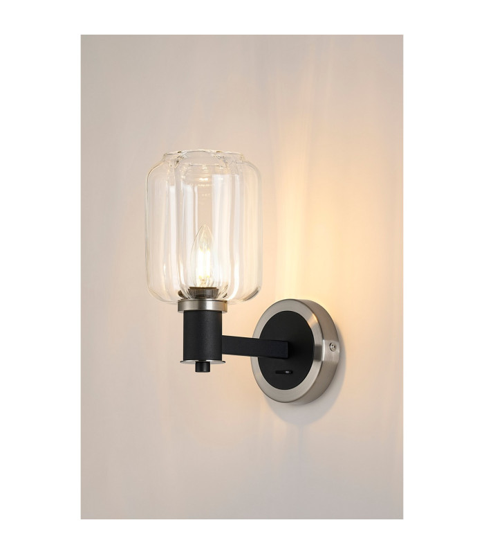 Worcester Wall Light 1 Light E14 Satin Nickel/Satin Black/Clear Striped Cylinder Glass-3