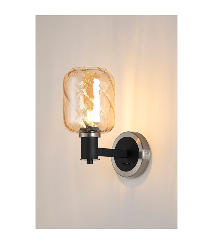 Worcester Wall Light 1 Light E14 Satin Nickel/Satin Black/Amber Twisted Cylinder Glass-3