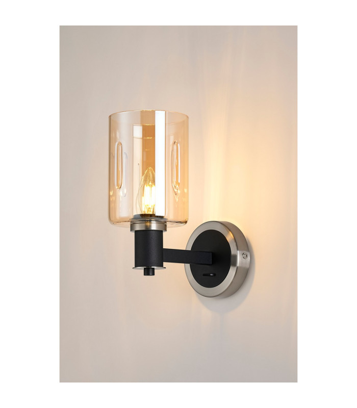 Worcester Wall Light 1 Light E14 Satin Nickel/Satin Black/Amber Uniform Dimple Cylinder Glass-3