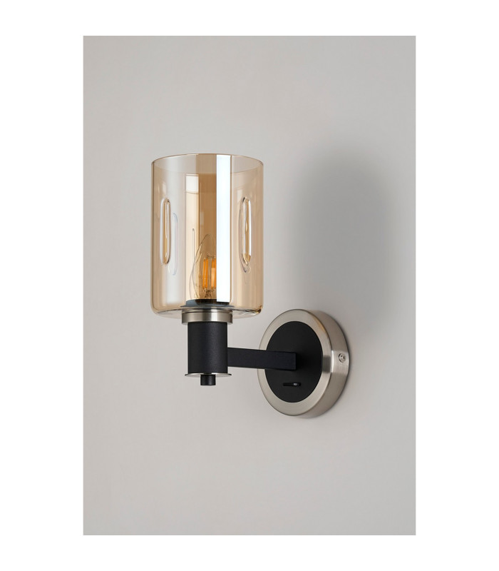 Worcester Wall Light 1 Light E14 Satin Nickel/Satin Black/Amber Uniform Dimple Cylinder Glass-9