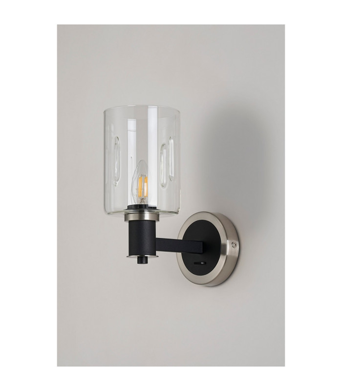 Worcester Wall Light 1 Light E14 Satin Nickel/Satin Black/Clear Uniform Dimple Cylinder Glass-9