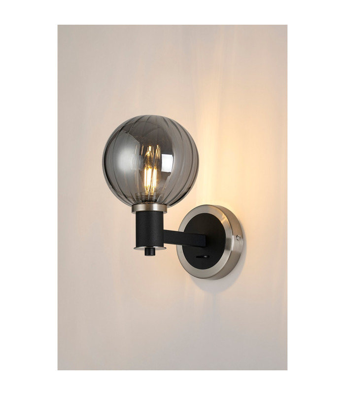Worcester Wall Light 1 Light E14 Satin Nickel/Satin Black/Smoke Plated Round Segment Glass-3